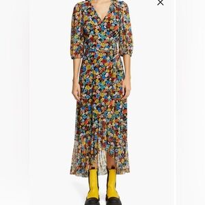 Ganni || Floral Print Mesh Midi Wrap Dress, Size 38 (medium) worn once
